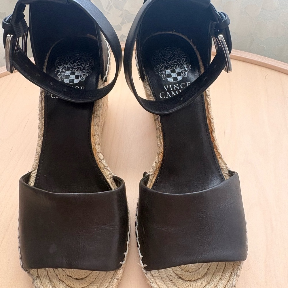 Vince Camuto Black Leather Espadrille Wedge Sandals with Ankle Strap - Picture 2 of 7